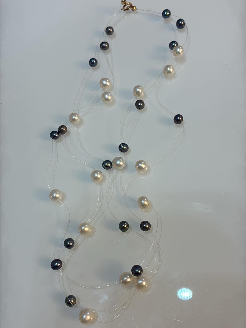 Sterling silver Multi-Strand Pearl Station Necklace - White & Black Pearls